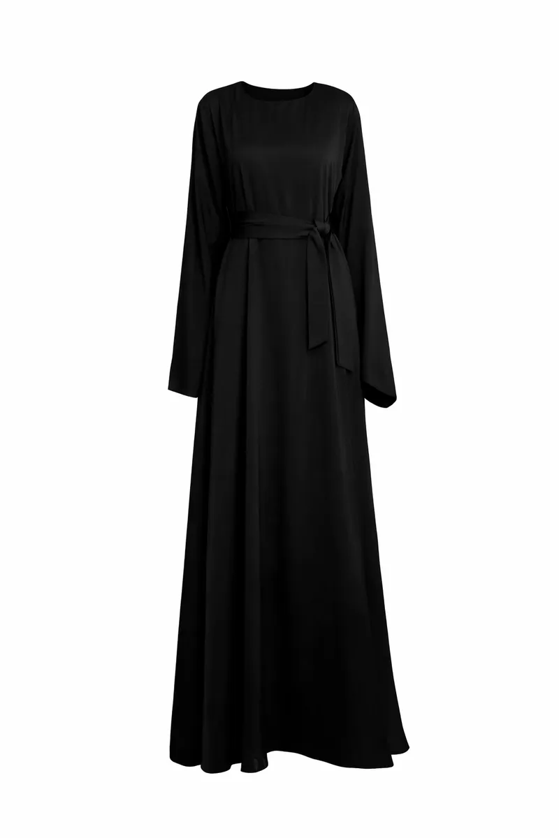 Women's Arab Maxi Islamic Abaya Dress Robe Long Dress with Belt - Black