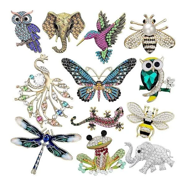 12 PCS Women's Brooch Set, Rhinestone Vintage Animal Insect Plant Brooches