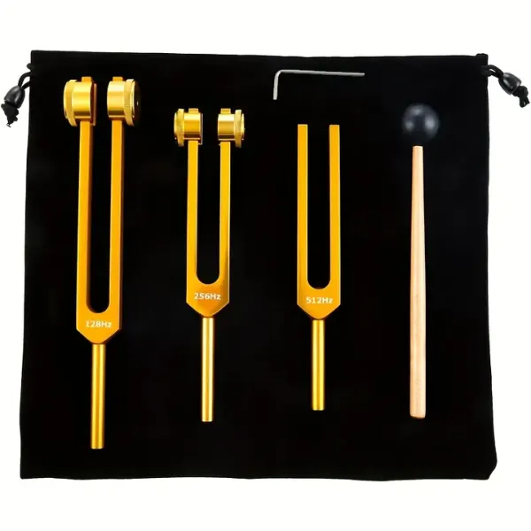 3-Piece Golden Tuning Forks Set- 128Hz, 256Hz, 512Hz with Storage Pouch