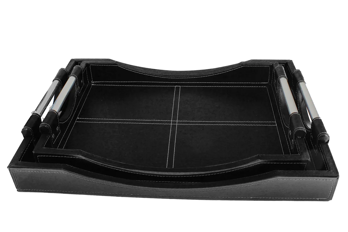 Royalty Defined Leather Serving Tray Set - Twin Set of 42 & 50cm Trays - Black
