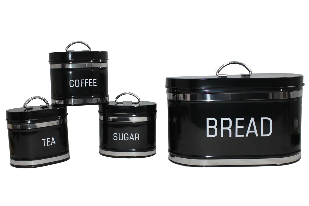 Oval 4 Piece Stainless Steel Bread Bin & Tea Coffee & Sugar Canister Set - Black