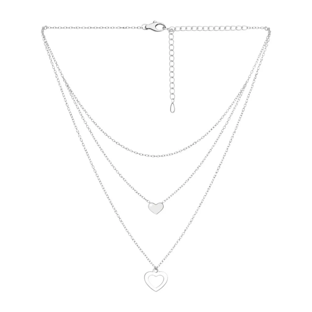 Layered Dainty Heart Pendant Necklace - Silver