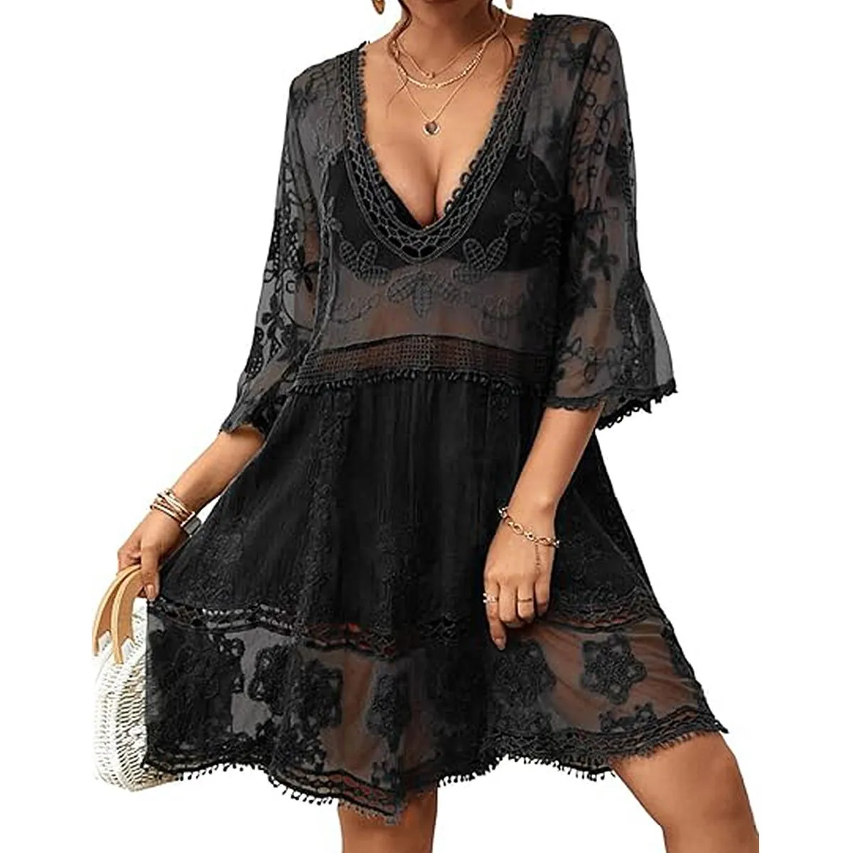 Women V-Neck Lace Cover-up Bikini Swimwear Beach Cover Up Beach Dress-black