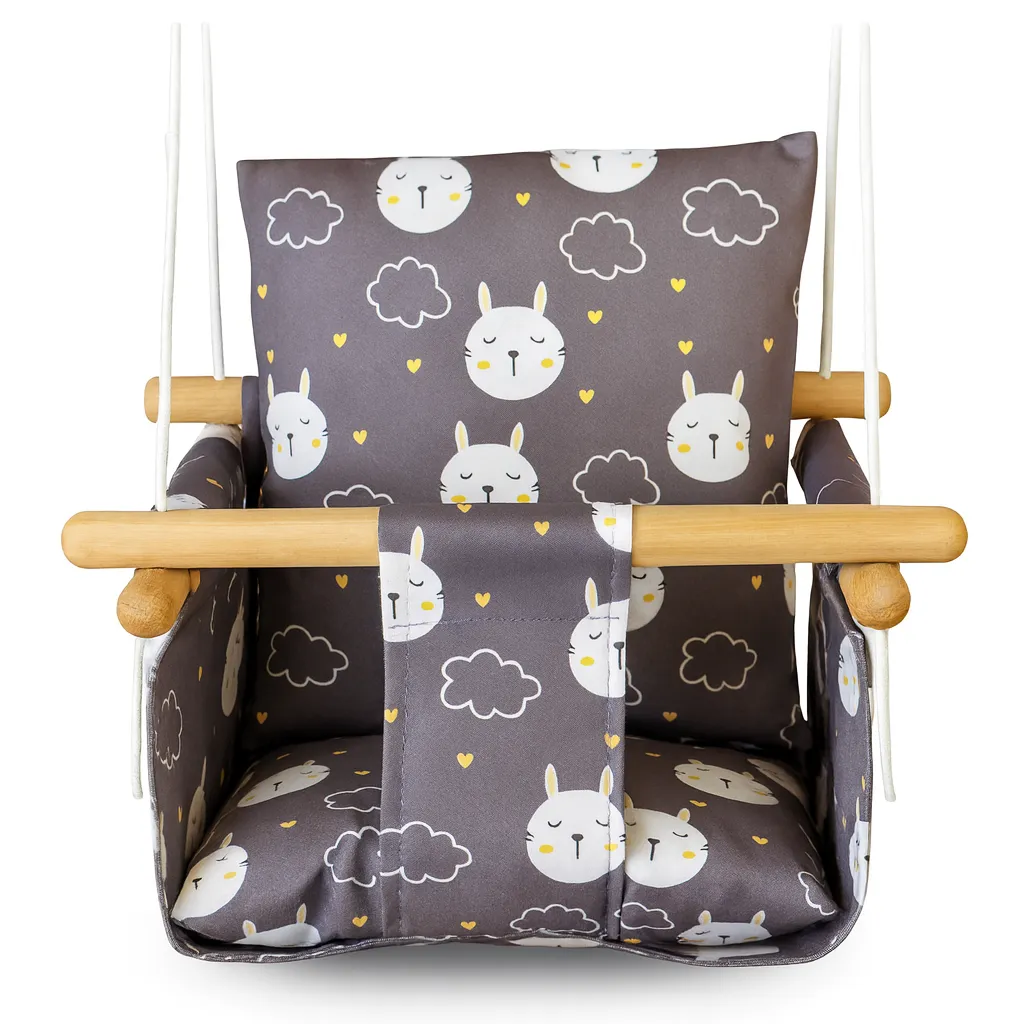 Toddler Swing Seat - Wooden, Safety Harness - Grey