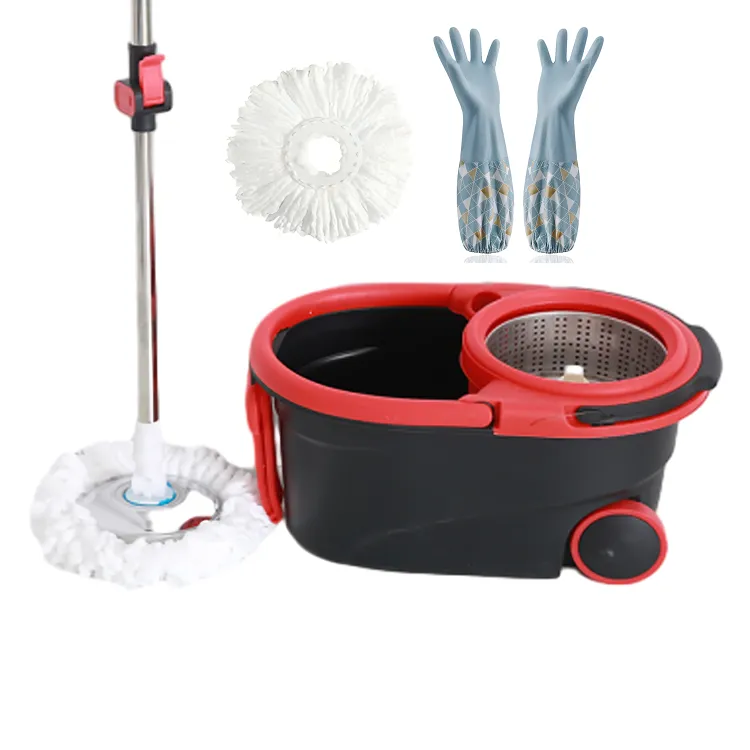 MUSKETEERS 360 Spin Mop Set - Dual-Drive Mop Bucket + Plush Gloves - Red