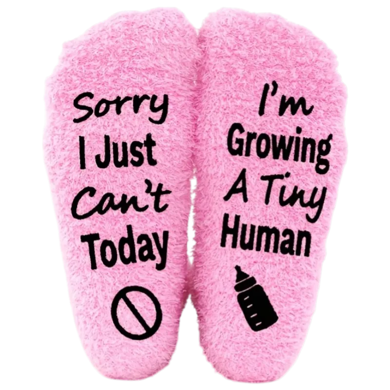 1 Pair Funny Pregnancy Fuzzy Slipper Socks - "Sorry I Just Can't Today"