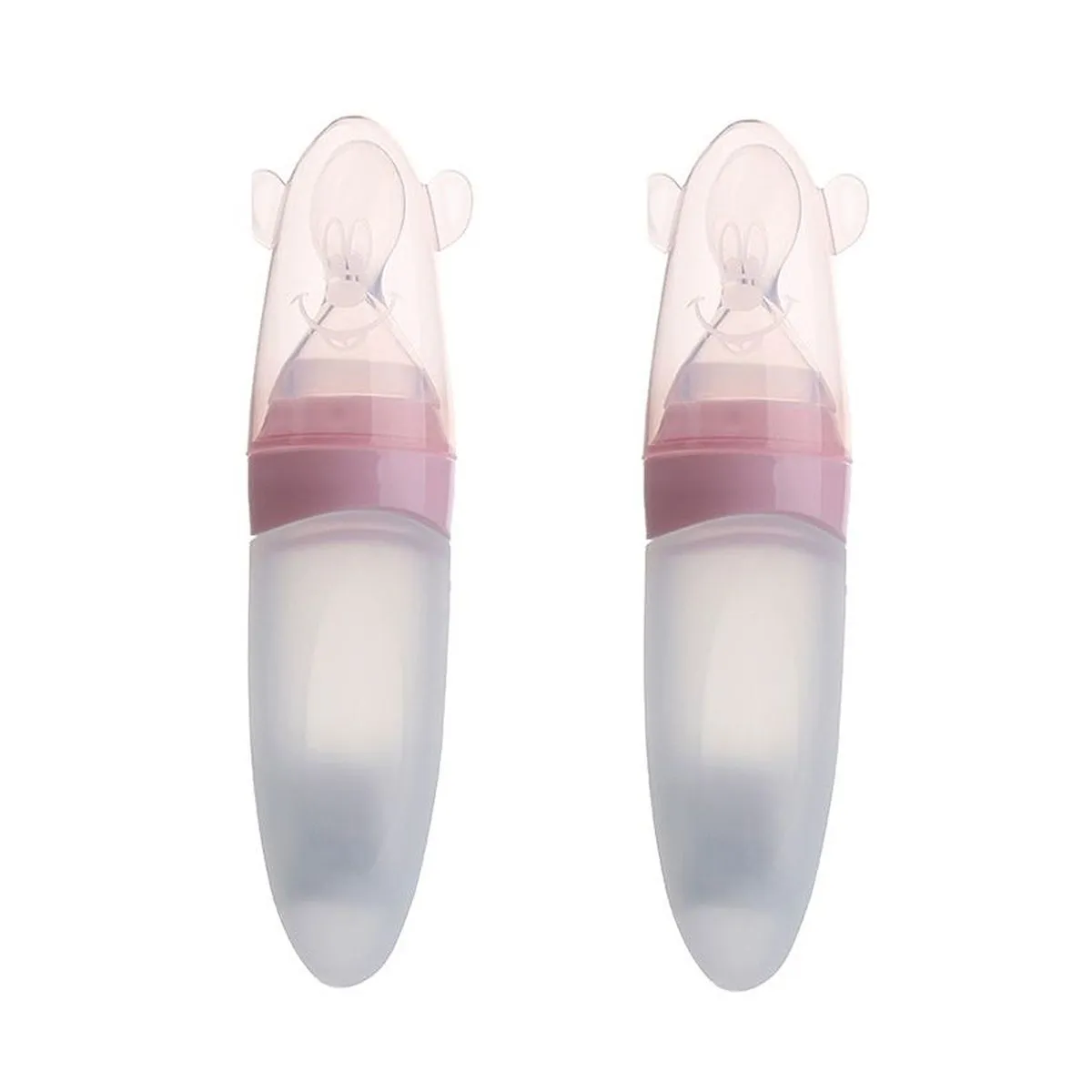 90ML Silicone Baby Squeeze Feeding Bottle with spoon and Lid - Set of 2 - Pink