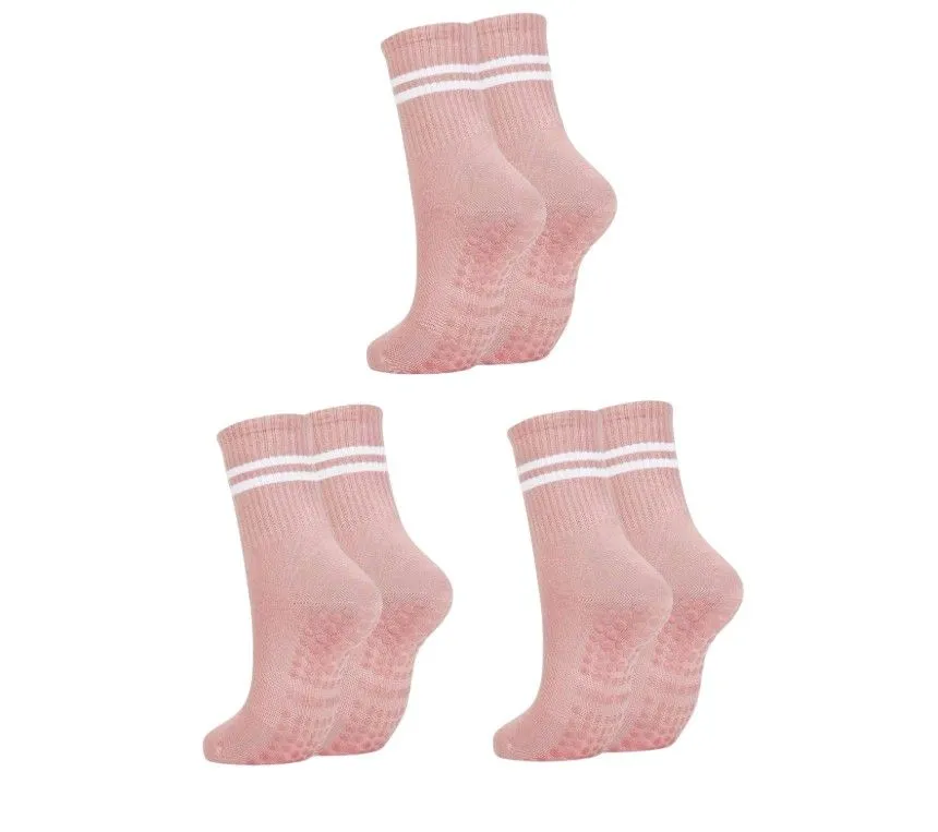 Moisture-Absorbent Calf Length Yoga Socks With Grip - Pink - 3 Pairs