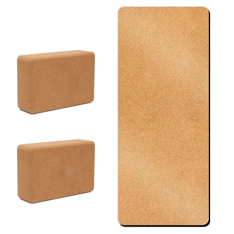 5mm Cork Yoga Mat & 2 Pack Yoga Blocks Non Slip Natural Fitness Pilates Set - Blank Style
