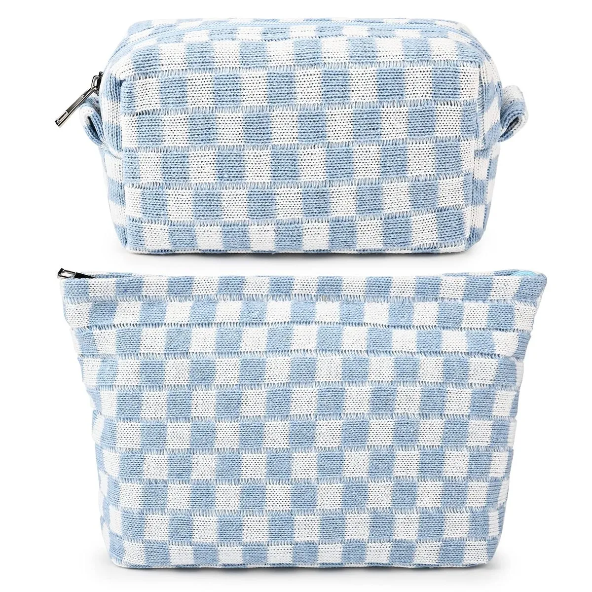 2 Large Checkered Canvas Makeup Bags - Travel Toiletry Organizer - Pink - Blue