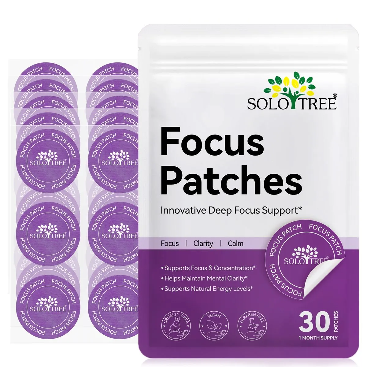 SoloTree Focus Patches 30 Pack -Vitamin B, Magnesium, Theanine, Red Ginseng
