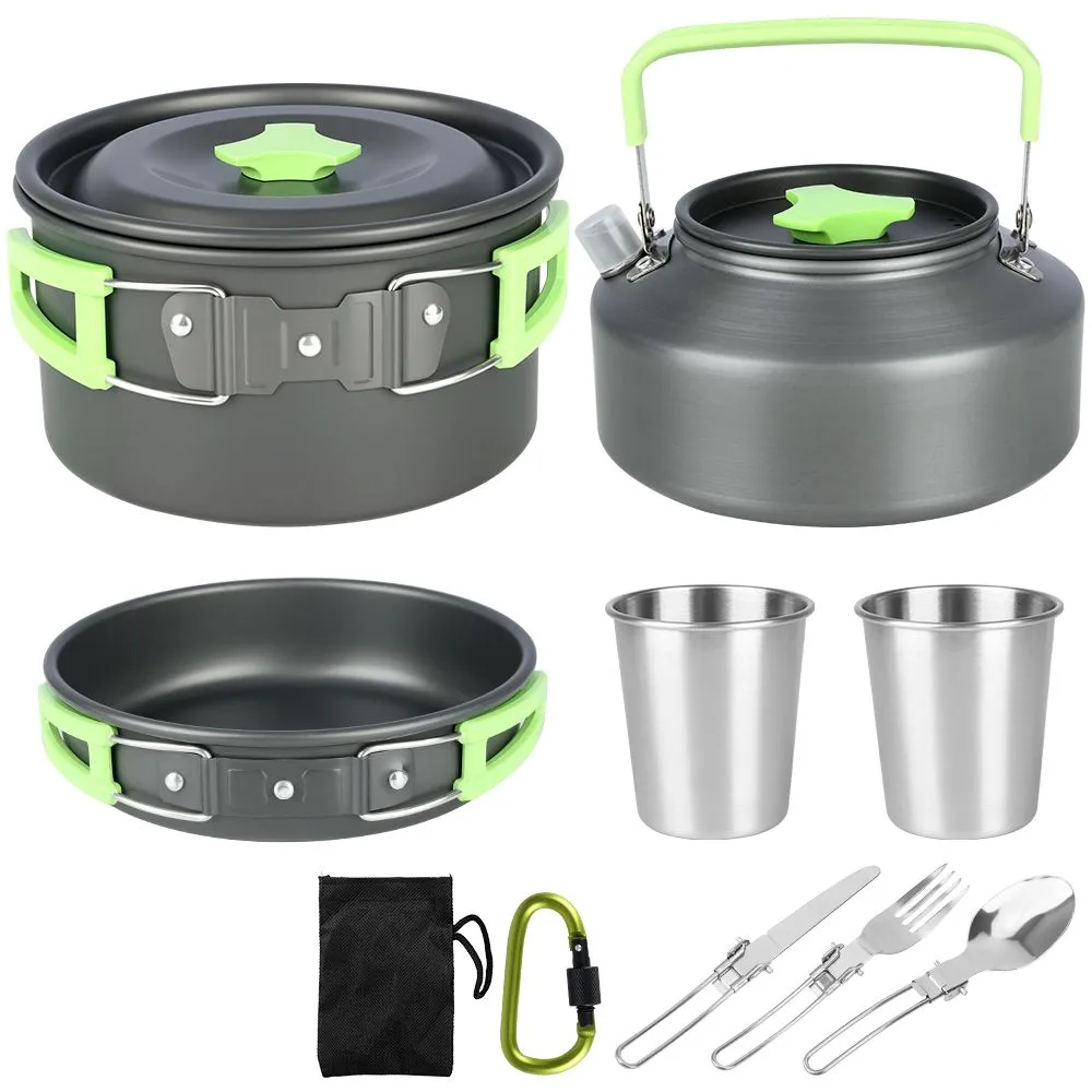 Camping Cookware and Tableware Set with Lightweight Pot, Kettle - Green