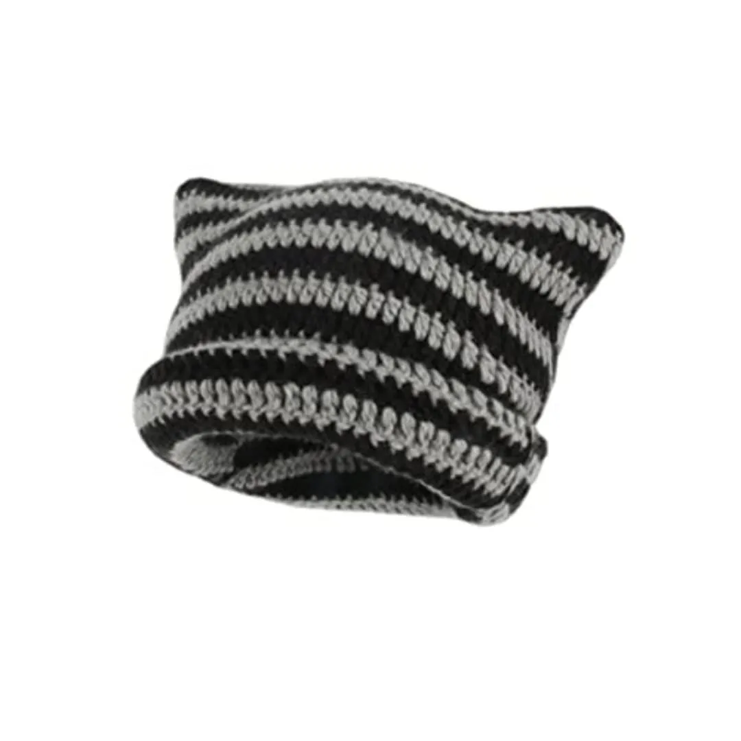 Women Crochet Cat Beanie Vintage Fox Hat Grunge Slouchy Warm Accessories - Black, Grey