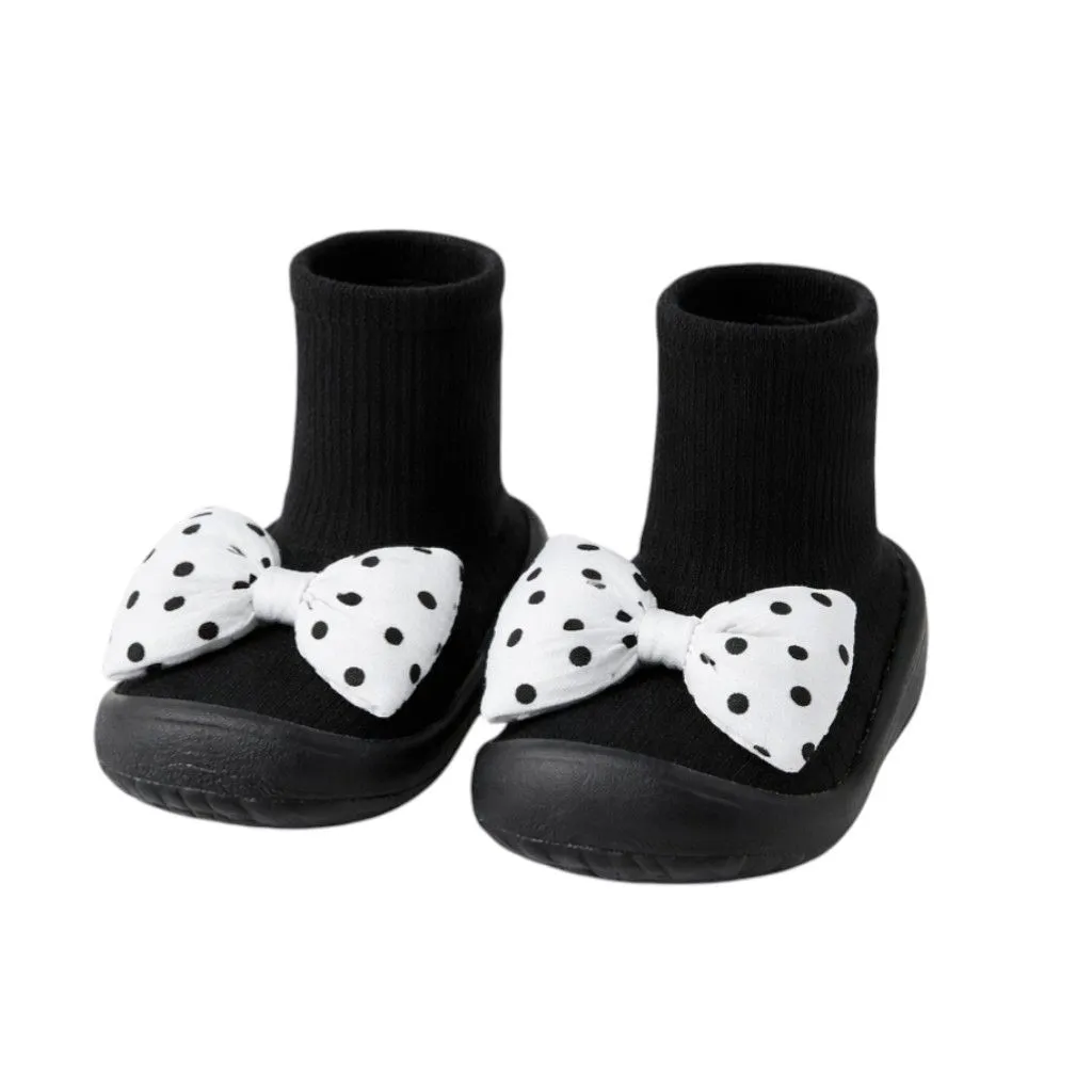 Baby Girls Ribbed Sock Shoes With Polka Dot Bow With Firm Sole - Black