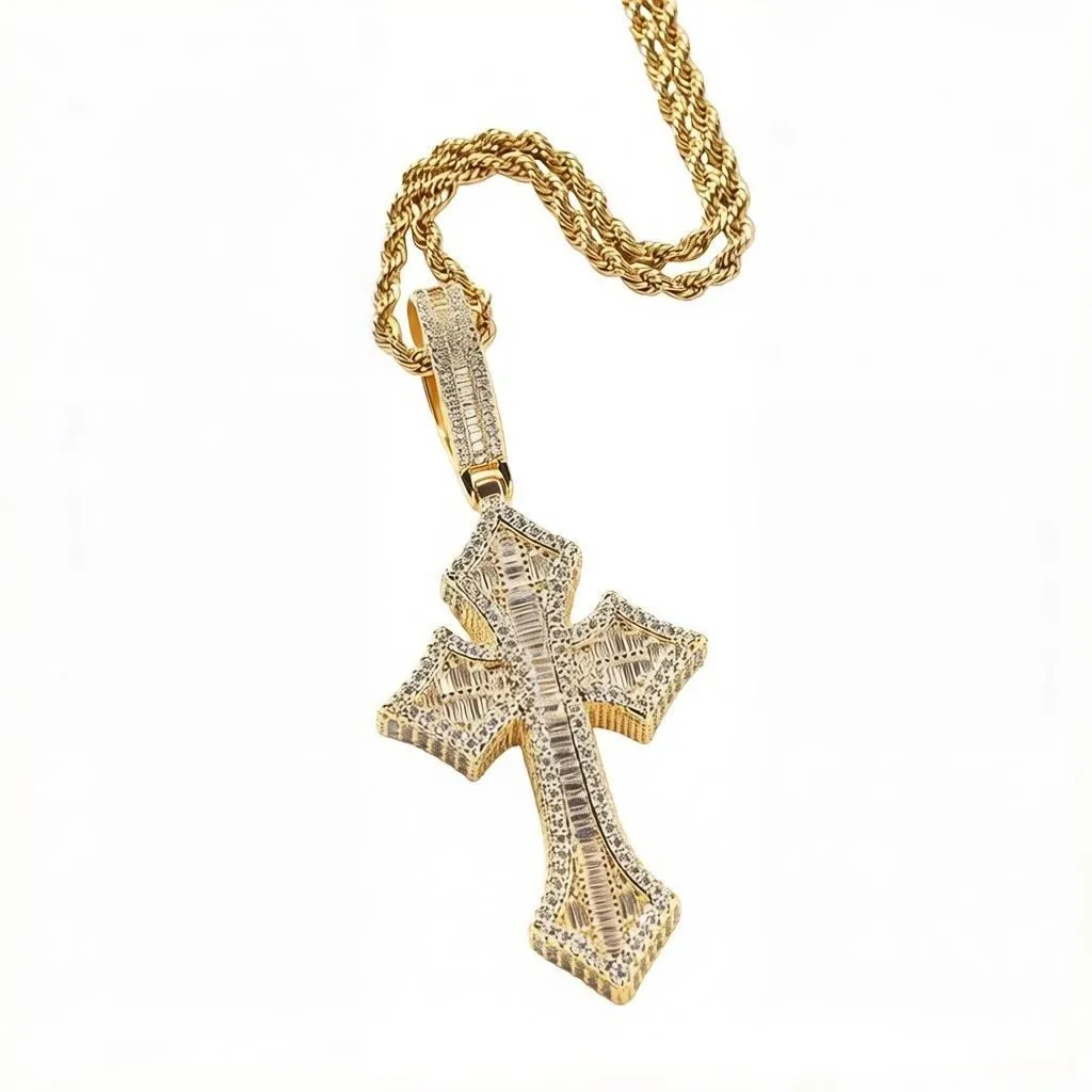 Hip Hop Men's Necklace with Zircon Cross Pendant - Gold+3mm24inch Twist Chain