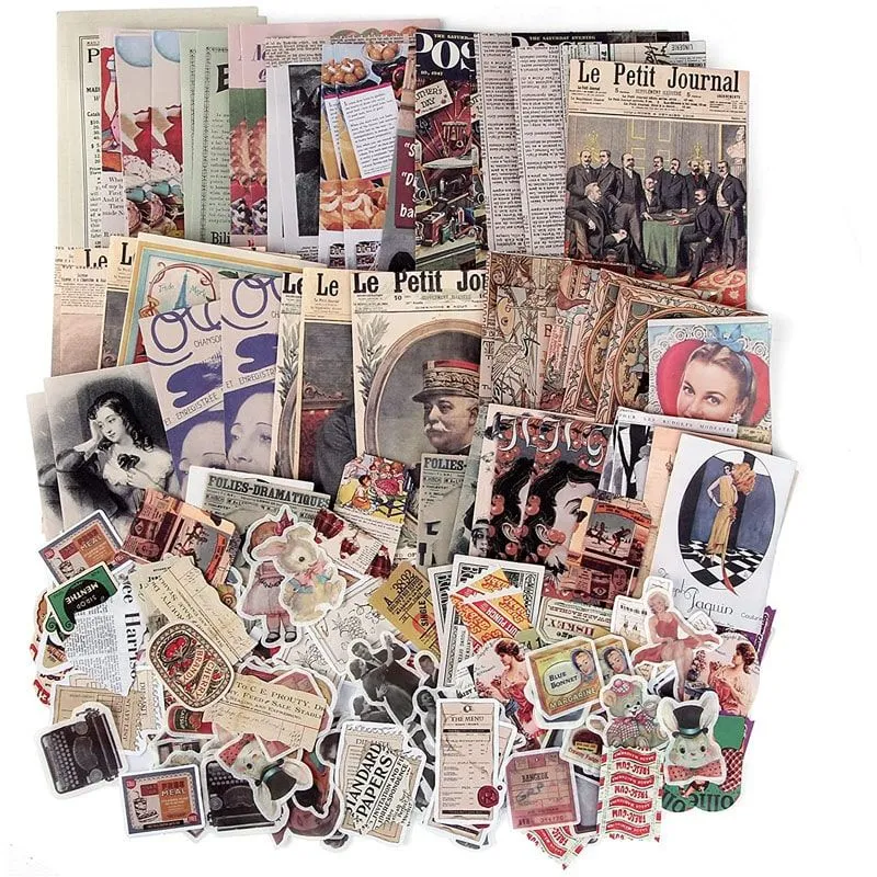 Vintage Ephemera Scrapbook Sticker & Paper Bundle Retro Pack 200