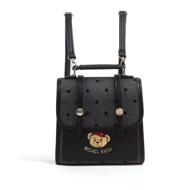 Preppy Style Bear Embroidered Backpack Small Square Bag Vintage Polka Dot