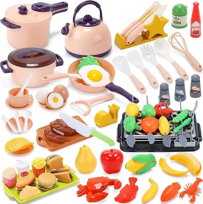 XRK Play Kitchen Accessories, Cooking Set for Kids(103 Piece) - Pink