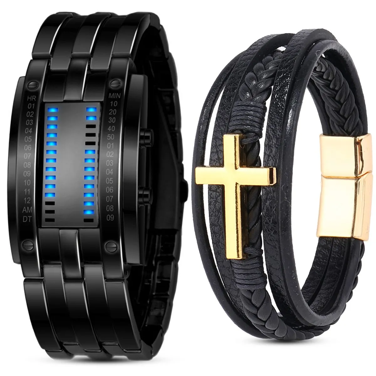 Digital Watch LED Binary Watches Waterproof Stainless Steel Wrist - Black