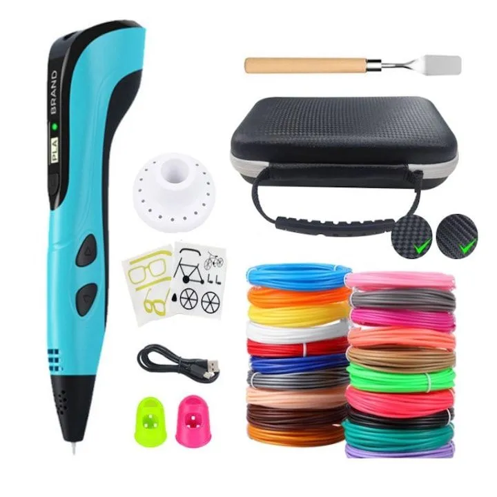 3D printing pen set, with LED display, three-level adjustment - Blue