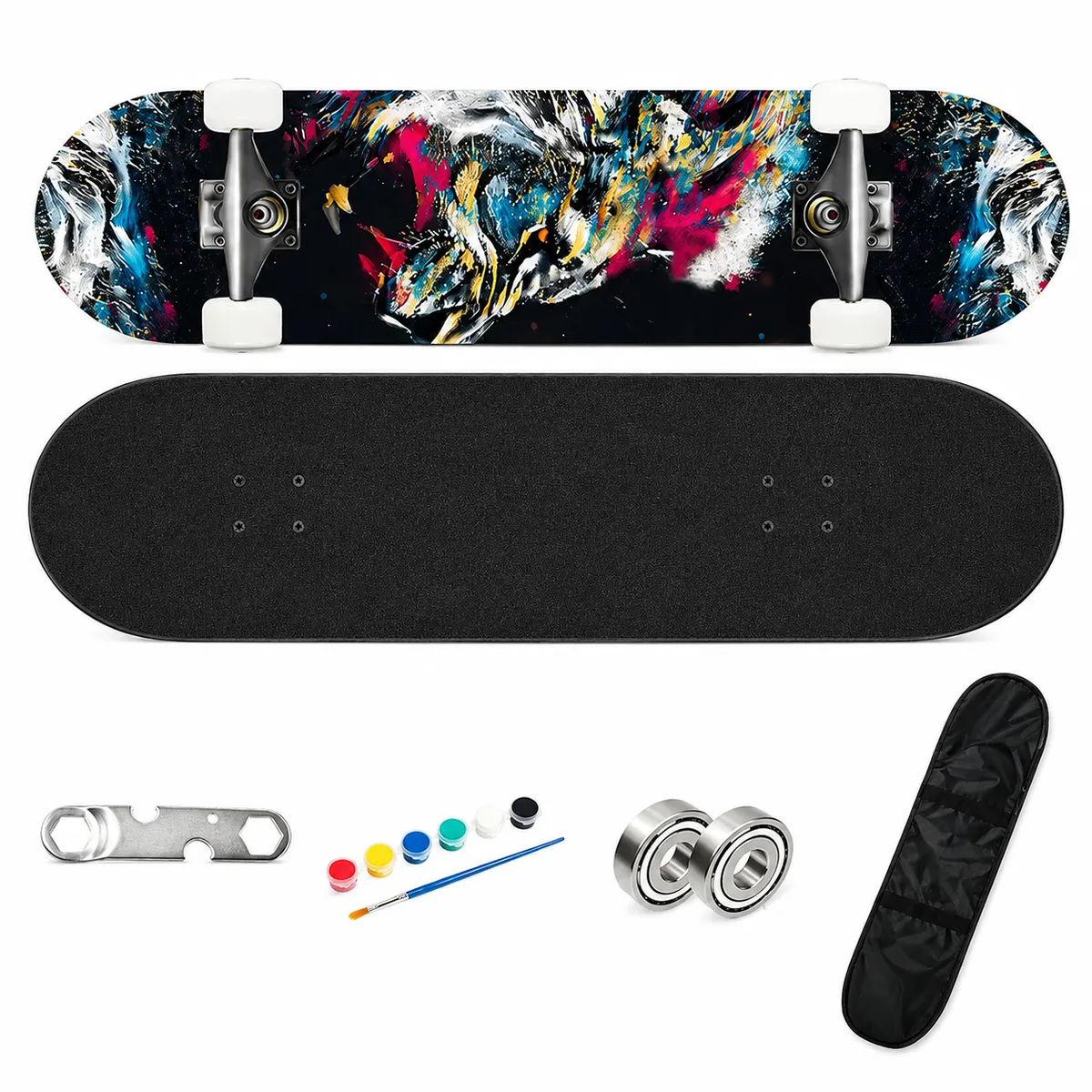 Beginner Double Kick Skateboard With Maple Deck & PU Wheels, 150kg Load Kit
