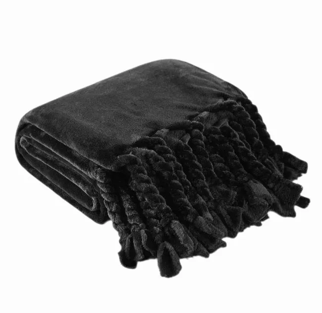 Luxurious Mink Flannel Fleece Braided Fringes Throw Blanket - Black