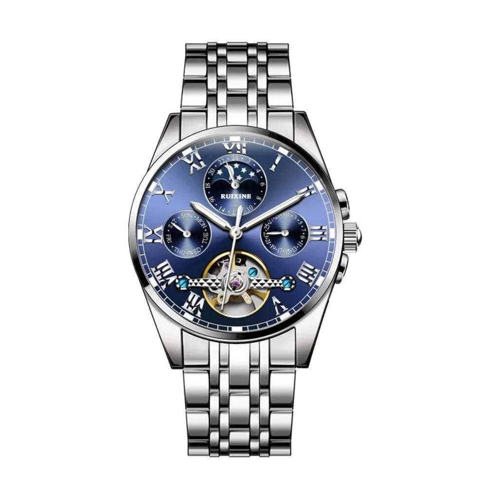 RUIXINE Men'S Mechanical Watch With Moon Phase Function, Roman Numerals