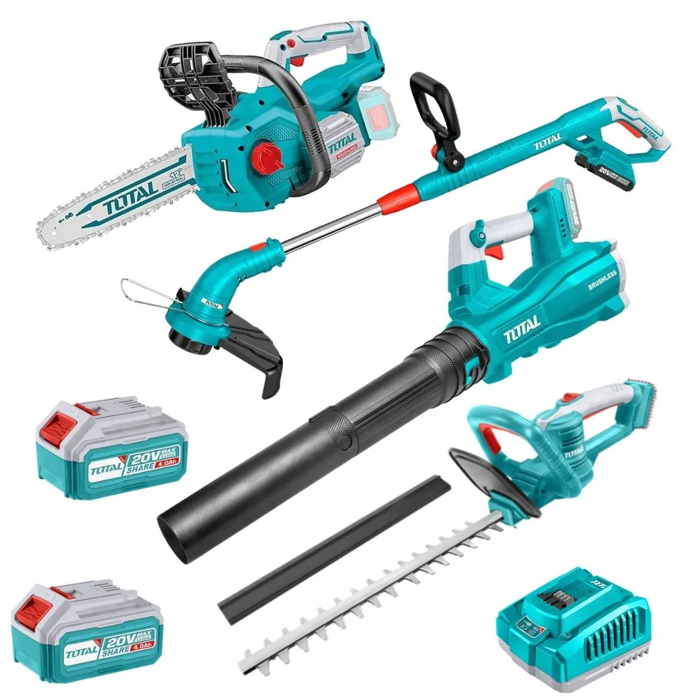 Total Tools - Cordless Chainsaw, Leaf Blower, Hedge & Grass Trimmer 20V Kit