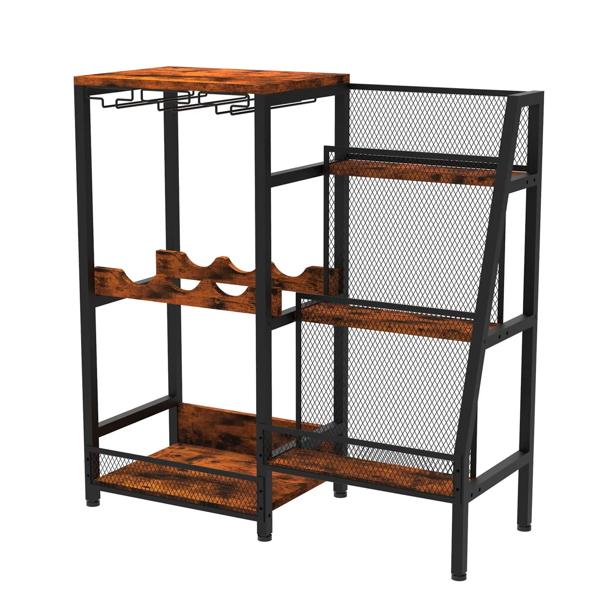 Trapezoidal Wine Rack with Glass Holder Rails, Storage and Shelves for Home