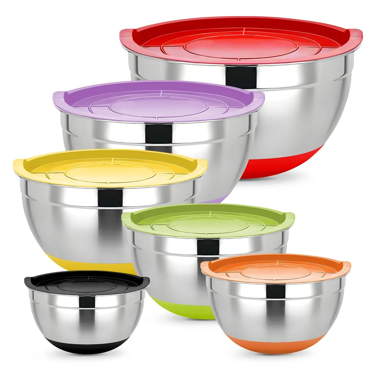 6 Piece Mixing Bowls with Lids Stainless Steel Mixing Nesting Salad Bowls - Black+Orange+Green+Yell…