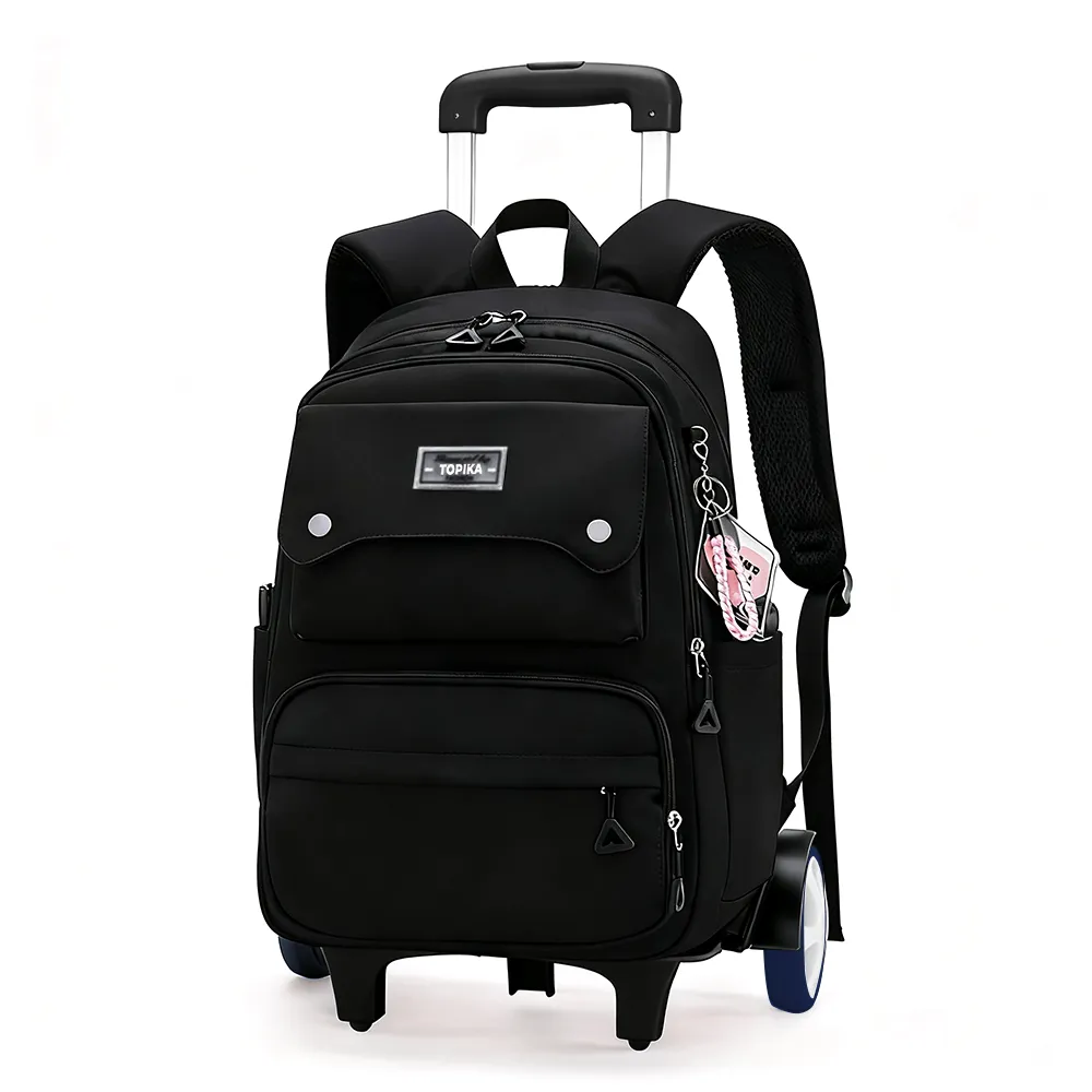 Topika Girls Rolling School Bag With Big Wheels And Removable Trolley Base - Black