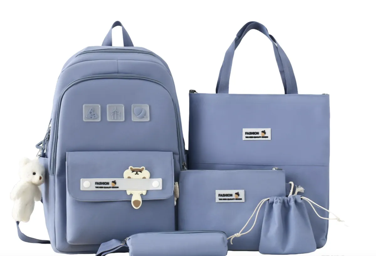 5 Set Backpack Children Schoolbag Girls Multi Pocket Students School bag - Blue