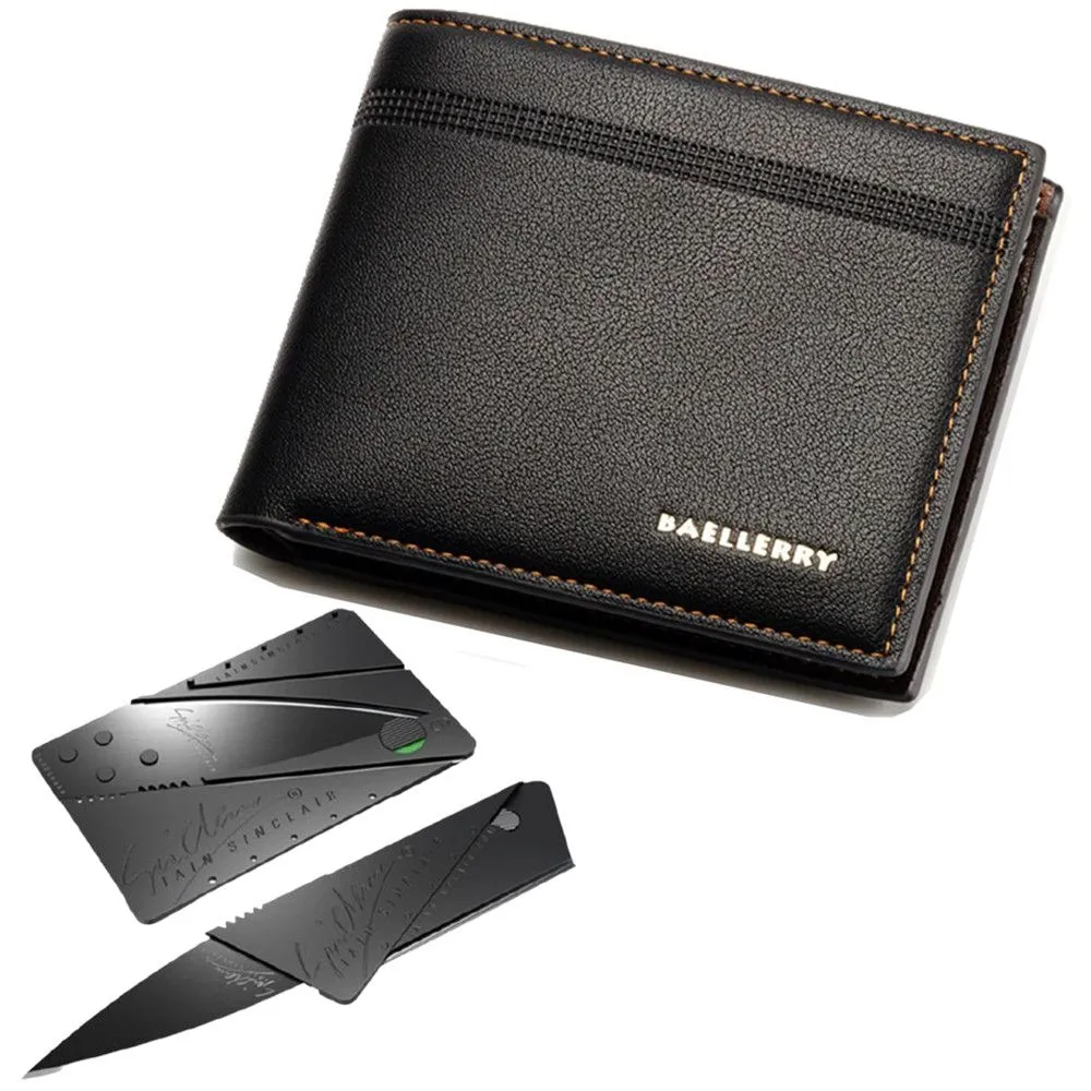 Baellerry Wallets For Men PU Leather Bi Fold Wallet -DR003 + Card Knife - Black
