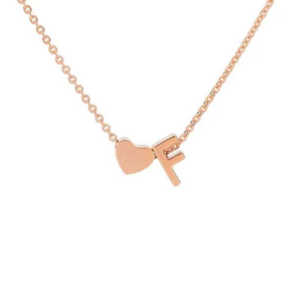 Stainless Dainty Rose Gold Personal Letter Initial & Mini Heart Necklace - F