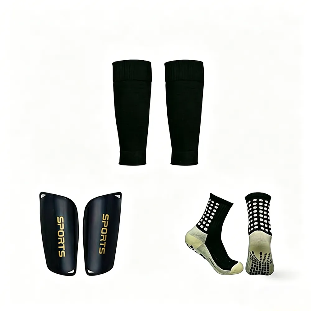 Anti-Slip Football Socks Kit with Leg Sleeves & Shin Guard Pads - Black