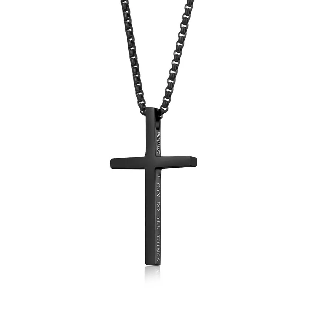 Men's Necklace - Trendy Philippians I Can Do All Things Cross Necklace - Black