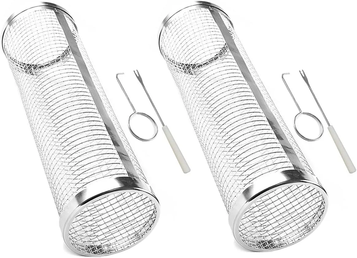 2 Pack Cylindrical Rolling Grill Basket Braai Accessory Stainless Steel