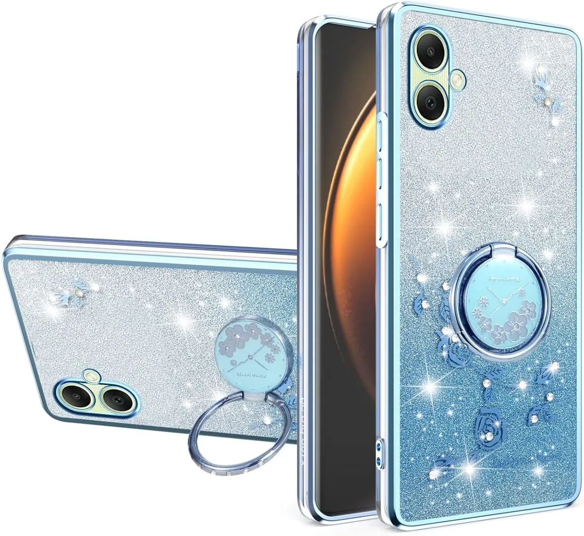Bling Sparkle Flowers Phone Case Compatible With Samsung Galaxy A07 - Blue