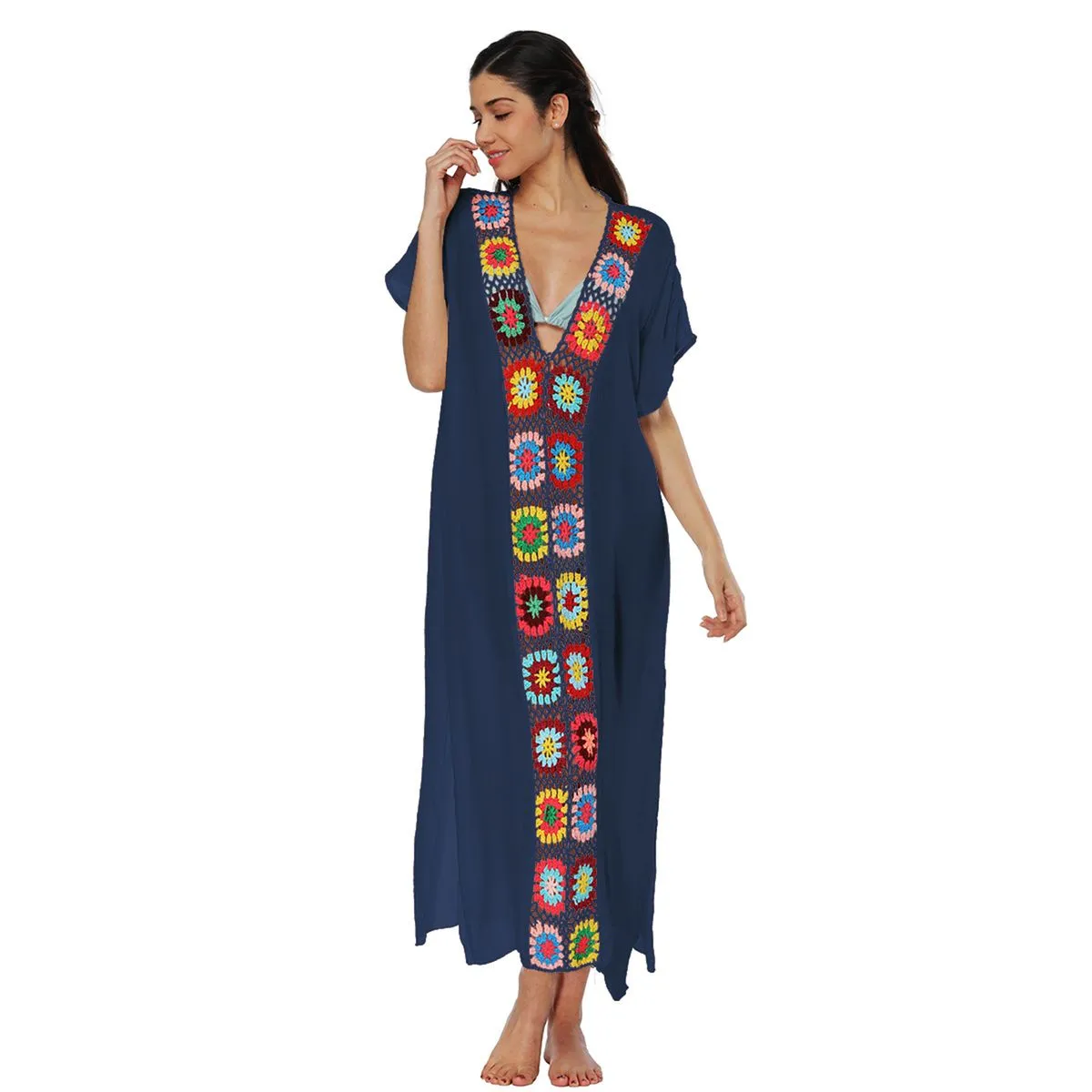 Women's Knitted Bathing Suits Cover Up Swimming Kaftan Beach Maxi Dress - Blue