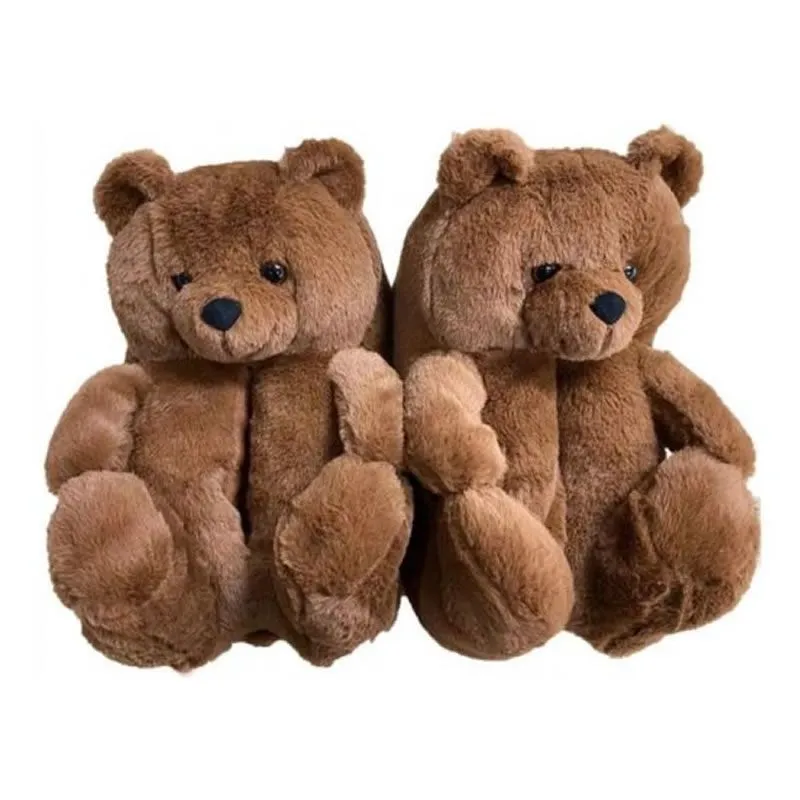 26cm Women winter Plush Teddy Bear Slippers - Dark Brown