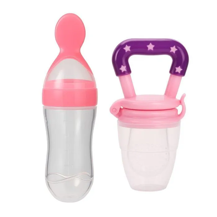 Silicone Baby Feeding Set - Squeeze Bottle & Fruit Feeder Pacifier - Pink