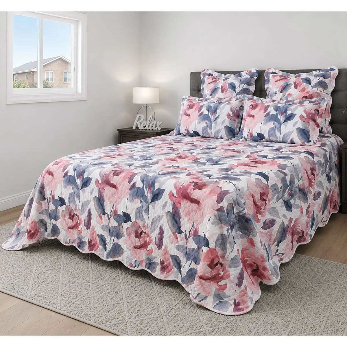 Pierre Cardin - 5 Piece Printed Scalloped Quilt Set - 260x230cm -Lea Floral