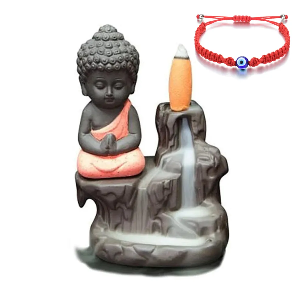 Backflow Incense Burner-Meditating Buddha & Evil Eye Protection Bracelet - Pink