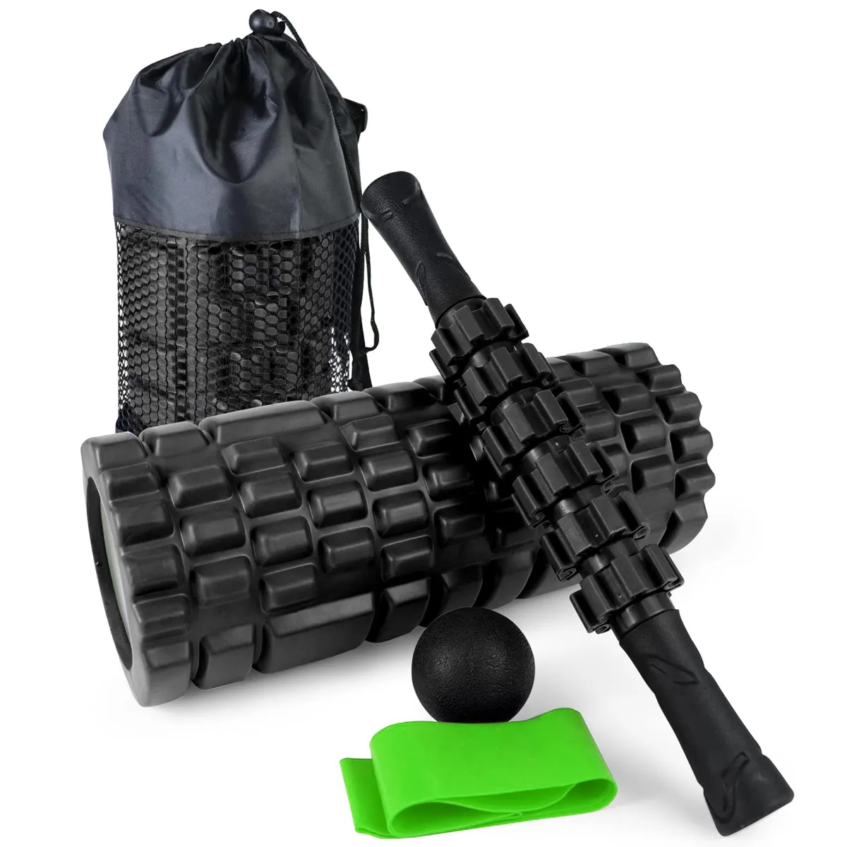 Foam Roller Set: Foam Roller, Muscle Roller Stick, Band, Massage Ball & Bag - Black