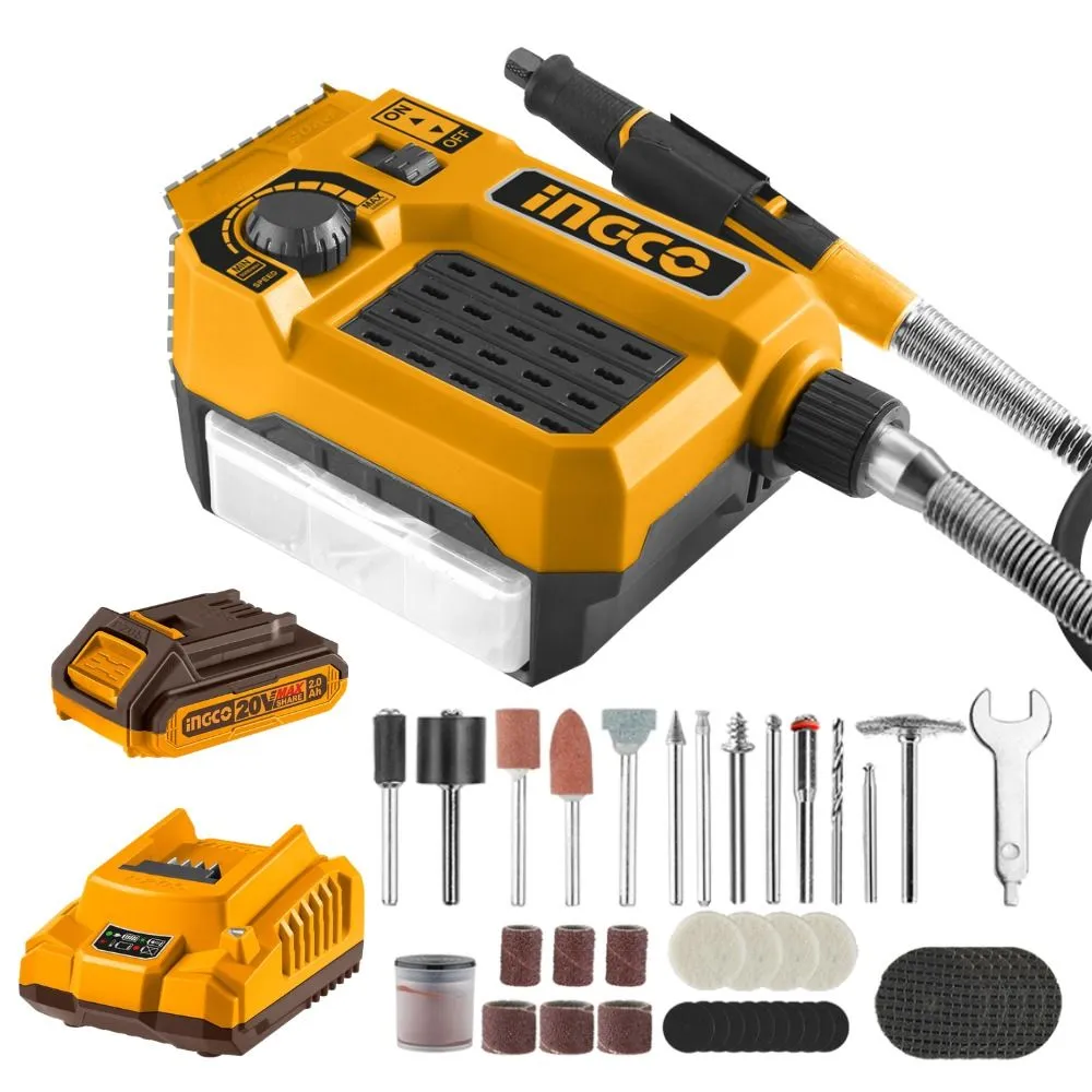 Ingco - Cordless Grinder incl 40Pce Accessories with 2Ah Battery & Charger