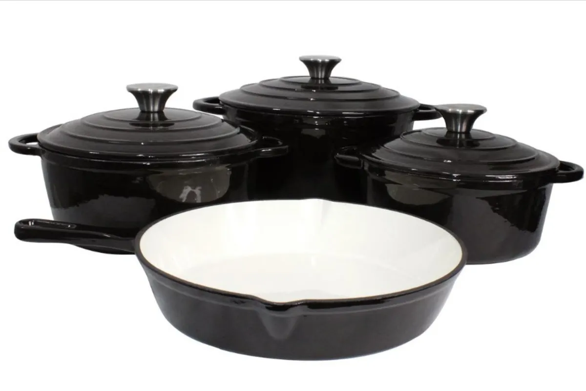 Authentic Cast Iron Dutch Oven Cookware - 7 Pieces Pot Set - Black