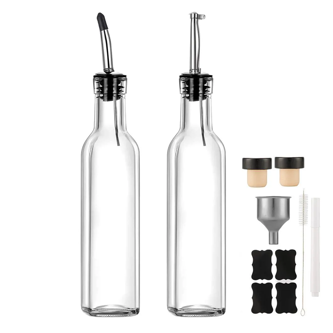 2Pack Glass Oil Dispenser Set Olive Oil & Vinegar Bottle with Pourer 500ml