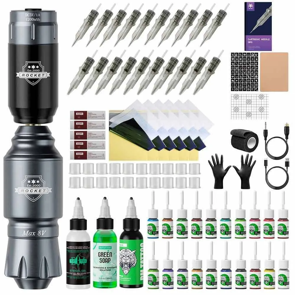 Wireless Tattoo Pen Kit 30000RPM 20 Inks 20 Needles 1200mAh Grey