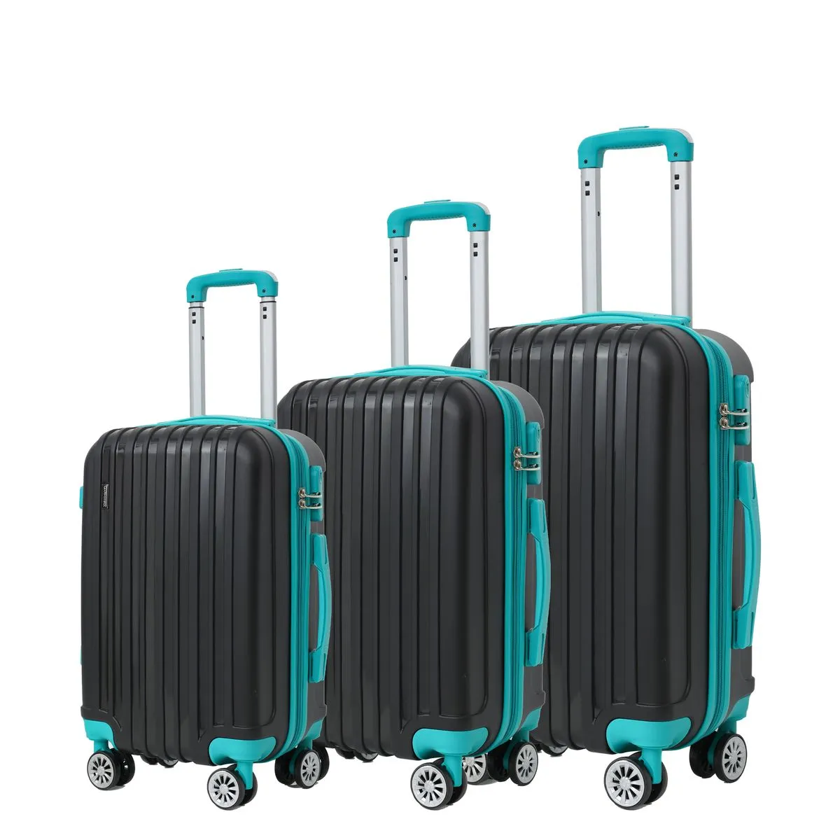 Trolley ABS Hard Luggage Bag Set - 3 Piece - Black/Green