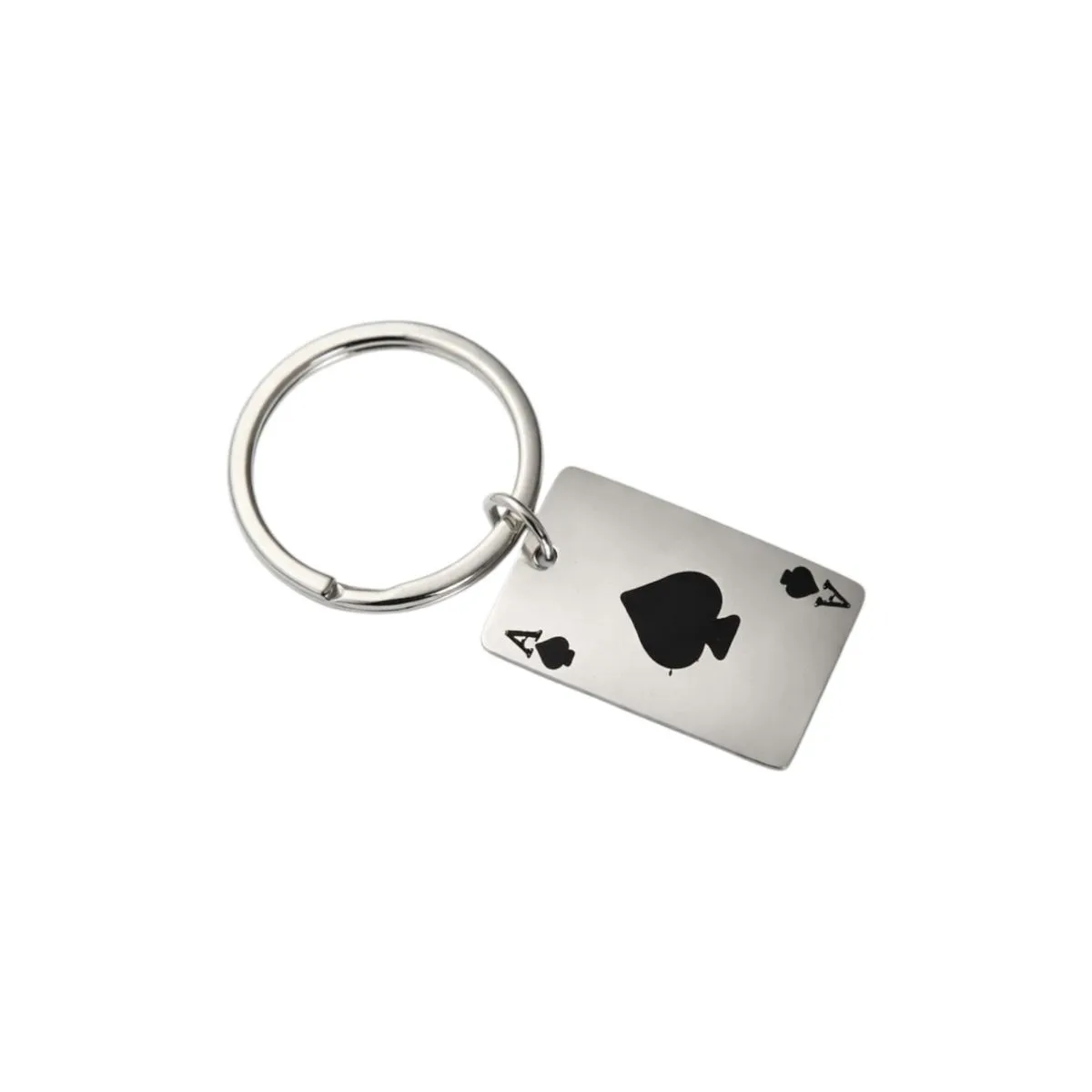 Ace of Spades Playing Card Keychain - Silver Metal Poker Card Key Ring